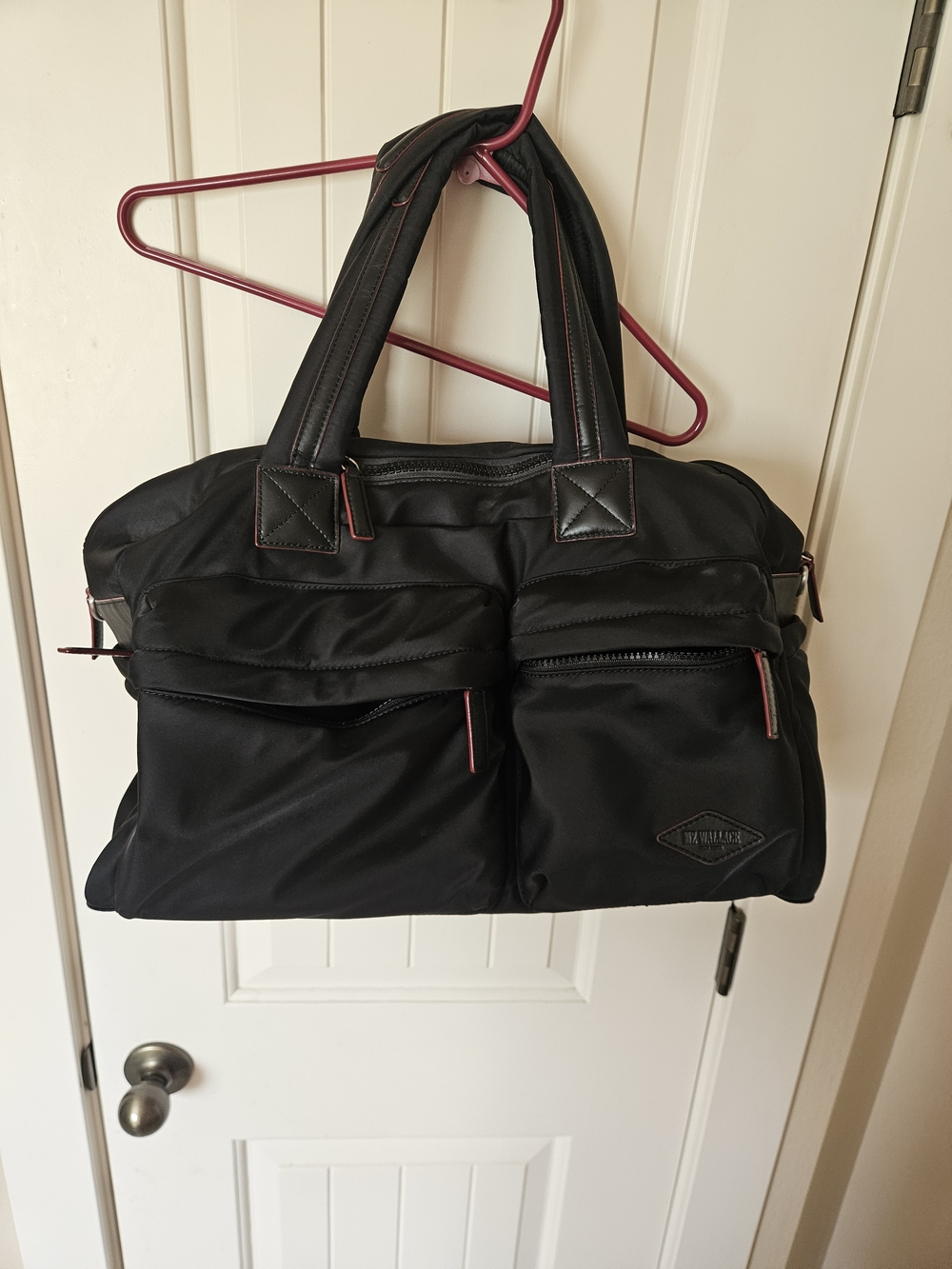 MZ Wallace Black Nylon Bleecker Tote Bag with Red Trim